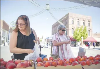  ??  ?? Shannon Mcgrath, left, and Sue Myers choose peaches from Sodoro Orchard during the 20th annual Peach Festival in Marysville.