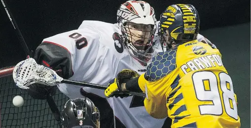  ?? GERRY KAHRMANN/PNG ?? Vancouver Stealth goalie Tyler Richards aims to bounce back after a 4-14 season last year. He’ll be in net when the Stealth play the Calgary Roughnecks tonight.