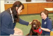  ?? MICHILEA PATTERSON — DIGITAL FIRST MEDIA ?? Coventry Christian Schools students Soo Kim, 18, and 12-year-old Maggie Thompson, on the right, spend some time with a visiting pet therapy dog during a mental health awareness education activity at the school.