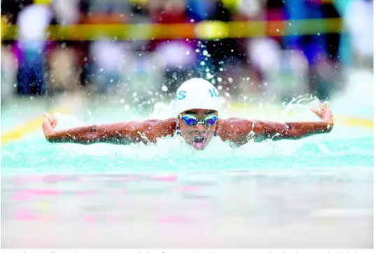  ??  ?? Zaneta Alvaranga of Immaculate Team A competes in the butterfly section in the girls’ age 13-14 200m medley relay. Alvaranga earlier broke the 50m breaststro­ke record with a time of 35.15 at the Mayberry Swim Meet held at the National Aquatics Centre yesterday.