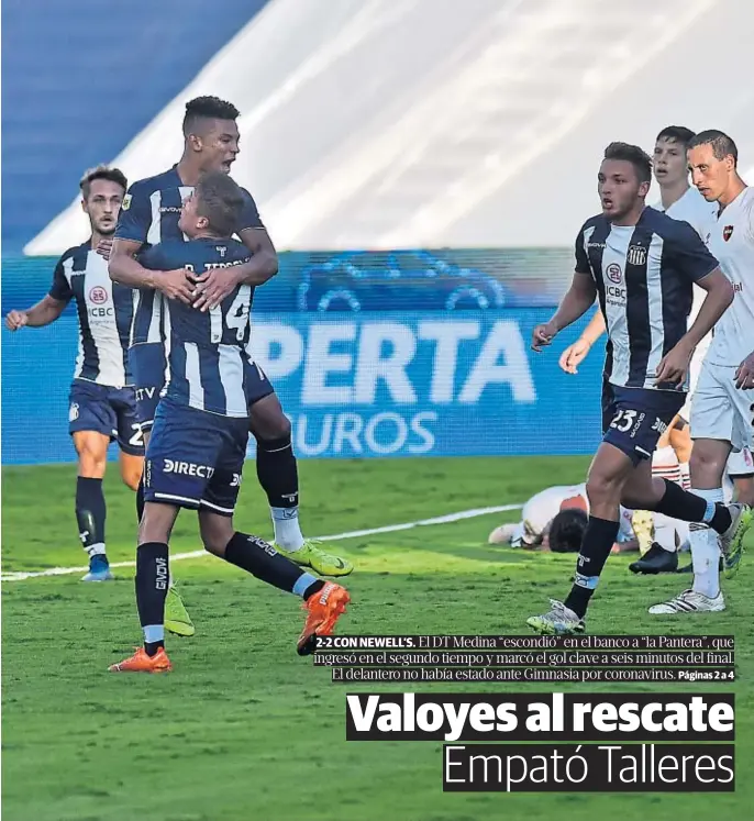  ?? FACUNDO LUQUE ?? HACIA ARRIBA. Nahuel Tenaglia lleva al cielo a Valoyes, que sacó tremendo derechazo para la igualdad. Mateo Retegui había adelantado a la “T”, que luego quedó 1- 2 por los goles de Ignacio Scocco y de Julián Fernández.