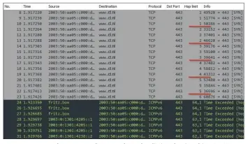  ??  ?? Laag4-traceroute: het commando verzendt per hoplimitve­rhoging drie TCP-SYNpakkett­en naar poort 443 van het doeladres, hier www.ct.nl.