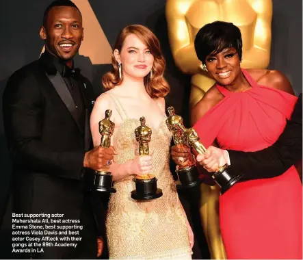  ??  ?? Best supporting actor Mahershala Ali, best actress Emma Stone, best supporting actress Viola Davis and best actor Casey Affleck with their gongs at the 89th Academy Awards in LA