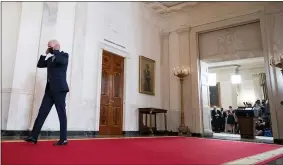  ?? AP PHOTO/EVAN VUCCI ?? President Joe Biden walks from the podium after speaking about the end of the war in Afghanista­n from the State Dining Room of the White House, Tuesday, Aug. 31, 2021, in Washington.