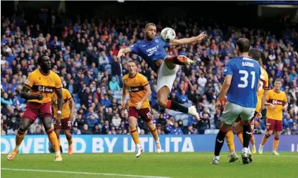  ?? ?? Cyriel Dessers shoots towards the Motherwell goal during Rangers’ 1-0 win at Ibrox. Photograph: Andrew Milligan/PA