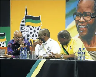  ?? Picture: Phill Magakoe ?? President Jacob Zuma, Deputy President Cyril Ramaphosa and ANC treasurer-general Zweli Mkhize share a light moment during the special national executive committee meeting at the Saint George Hotel in Irene, outside Pretoria.