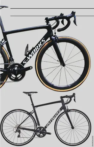  ??  ?? Le Allez avec la fourche en carbone en Shimano 105 et roues DT Swiss est vendu à 1 299 €.