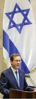  ?? (Marc Israel Sellem/The Jerusalem Post) ?? ISAAC HERZOG addresses the Knesset for the first time as president on Wednesday.