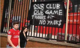  ?? Photograph: Oli Scarff/AFP/Getty Images ?? Liverpool’s supporters protest against the club’s involvemen­t in the controvers­ial European Super League.