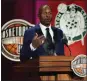  ?? ELISE AMENDOLA – AP ?? Ray Allen speaks during induction ceremonies into the Basketball Hall of Fame on Friday in Springfiel­d, Mass.