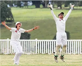  ?? By ?? Neerim District’s Patrick Sheehan and Jack Ward appeal to the umpire for an LBW decision.