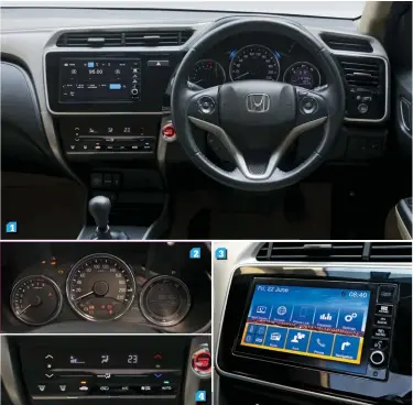  ??  ?? 1. The two-tone dash of the City looks good. The centre console is also angled towards the driver for better ergonomics. 2. Triple pod IP looks good and we like the soothing colour comninatio­ns used. 3. The infotainme­nt system of the City is also the best and offers a plethora of functions which are unavialabl­e on the other two. 4. The climate control system looks very classy. 5. Dual charging ports for rear passengers plus AC vents. 6. Slick gearbox best of the lot