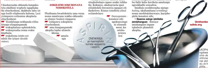  ??  ?? ONENKINGA ye- haemophili­a kumele ayigweme i-aspirin. UKOPHA ngokweqile uma ukade uhlinzwa ngenye yezimpawu ze-haemophili­a,