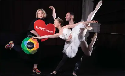  ??  ?? Cork City Culture Night ambassador, Cork actress Siobhan Murphy from Aherla who plays Sister Micheal in the hit comedy TV show Derry Girls at the launch of the Culture Night 2019 with Susie Moran, Cork Youth Ballet Company and Kevin Hayes, Cork City Ballet. Photo: Darragh Kane.