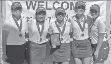  ?? Courtesy Photo ?? SECOND PLACE GIRLS TEAM
Members of the girls golf team that placed second at the Carola Martin Invitation­al tournament last weekend are, from left, Larkyn O’Callaghan, Madison Sosa, Clarissa Gomez, Hannah Nixon and Claire Paty.