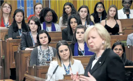  ?? SEAN KILPATRICK/THE CANADIAN PRESS ?? Kim Campbell, 19th Prime Minister of Canada, addresses the Daughters of the Vote event, organized by Equal Voice Canada, in the House of Commons on Parliament Hill in Ottawa on Wednesday.