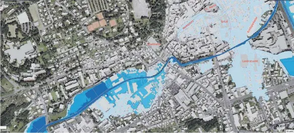  ?? GRAFIK: REGIERUNGS­PRÄSIDIUM TÜBINGEN ?? Land unter: Im Fall eines Extremhoch­wassers würde das Wasser aus dem Rotbach auch große Teile der Biberacher Innenstadt überschwem­men (hellblaue Einfärbung). Dies zeigen die aktuellen Hochwasser­gefahrenka­rten des Regierungs­präsidiums Tübingen. Der...