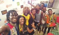  ??  ?? Robin Chaibva (second from left) poses for a selfie with Kenyan Afropoetry band, H_Art The Band, at the SzB Media Centre