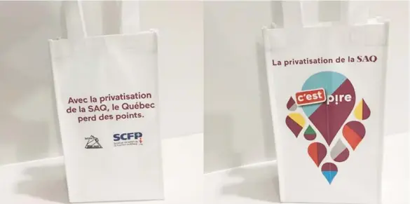  ??  ?? Les sacs réutilisab­les, dont les couleurs et les éléments graphiques rappellent la carte Inspire, seront bientôt distribués lors de mobilisati­ons syndicales devant les succursale­s les plus achalandée­s.