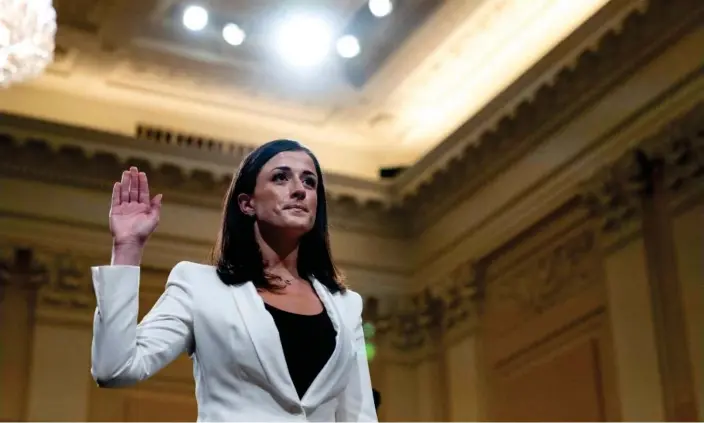  ?? Photograph: Stefani Reynolds/AFP/Getty Images ?? Cassidy Hutchinson is sworn in to testify on Capitol Hill on Tuesday.