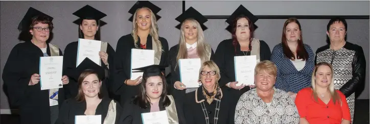  ??  ?? CTEC Graduates receiving QQI major awards at level 5 and 6 in Early Childhood Care & Education (from left) back – Iris Duggan, Rebecca Barnwell, Diane Reck, Ciara Costelloe, Mary Purcell, Lee McEvoy, CTEC Tutor, and Patricia Howlin, CTEC Manager; front – April O’Brien, Grainne Ryan, Deputy Mayor Maura Bell, Clodagh Dunleavy Smythe, CTEC Tutor, and Katie Murphy, CTEC Tutor.