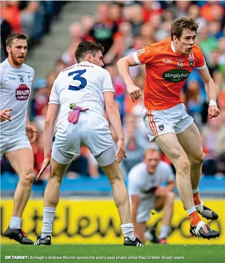  ??  ?? ON TARGET: Armagh’s Andrew Murnin scores his side’s goal (main) while Paul Cribbin (inset) reacts