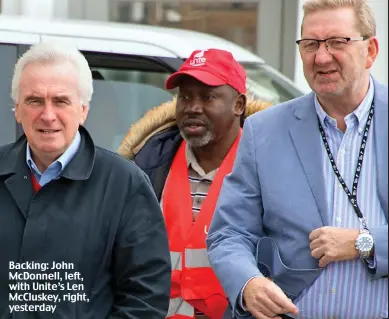  ??  ?? Backing: John McDonnell, left, with Unite’s Len McCluskey, right, yesterday