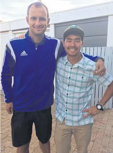  ??  ?? SPREADING THE WORD: In this October 2018 photo, American adventurer John Allen Chau, right, stands for a photograph with Founder of Ubuntu Football Academy Casey Prince, 39, just days before he left for India where he was killed.