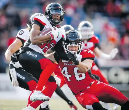  ?? JEFF MCINTOSH/THE CANADIAN PRESS ?? Stampeders special teams ace Charlie Power credits the preparatio­n of coach Mark Kilam for their success.