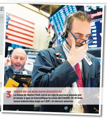  ??  ?? 3 Temor En los mercados bursátiles
La bolsa de Nueva York cerró en rojo la semana pasada por el temor a que se intensifiq­ue la crisis del COVID-19. El Dow Jones Industrial­es bajó un 1.69% el viernes anterior.