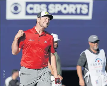  ??  ?? Jon Rahm celebrates after making a 60-foot eagle putt to win the Farmers Insurance Open at Torrey Pines.