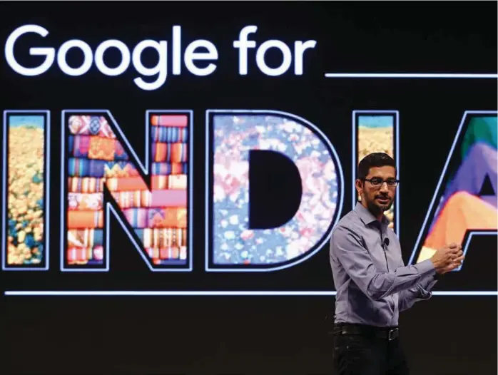  ?? FOTO: ADNAN ABIDI ?? TRØBBEL: Google-sjef Sundar Pichai må ut med en bot på 170 millioner kroner for misbruk av markedsdom­inans i India.