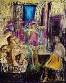  ??  ?? Ruggero Savinio, Interno con figure sedute e in piedi. A sinistra: Tang Yongli, Ritratto