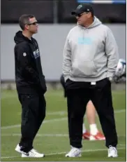  ?? JEFF SINER — THE CHARLOTTE OBSERVER VIA AP ?? This May 5photo shows Carolina Panthers assistant general manager Brandon Beane, left, and head coach Ron Rivera, right, talking during the team’s second session practice of the rookie minicamp. The Buffalo Bills hired Beane to fill their general...