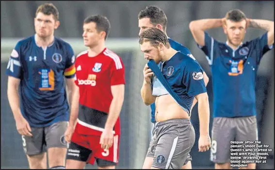  ??  ?? Despair after the penalty shoot-out for Queen’s who started so well with Paul Woods, below, drawing first blood against Ayr at Hampden