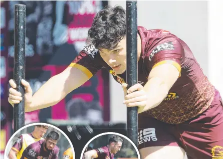  ?? Pictures: PETER WALLIS ?? Herbie Farnworth (above), Payne Haas (far left) and Darius Boyd (left) at Broncos training on Monday.