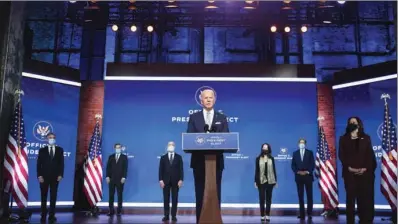  ?? (AFP) ?? US President-elect Joe Biden speaks during a cabinet announceme­nt event in Wilmington, Delaware, on Tuesday.