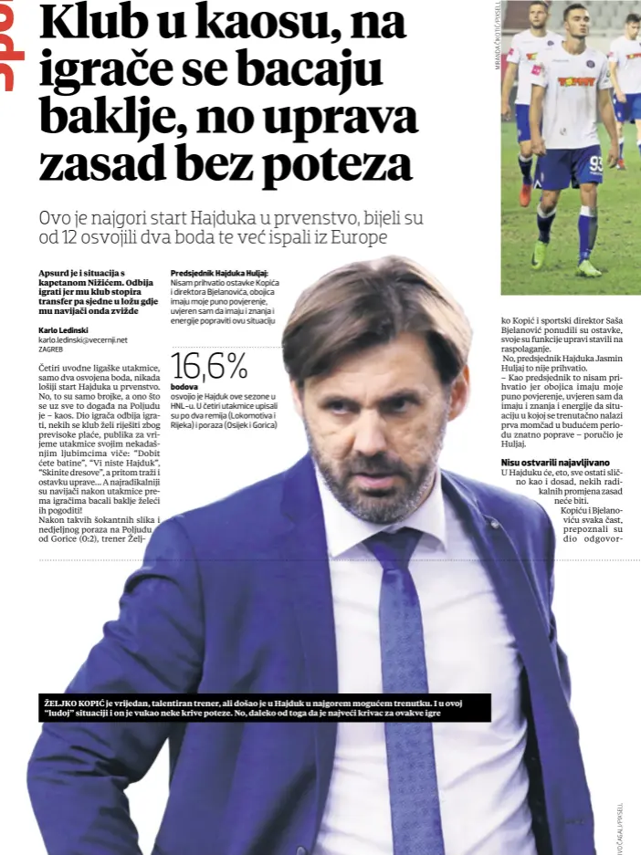  ??  ?? Predsjedni­k Hajduka Huljaj: Nisam prihvatio ostavke Kopića i direktora Bjelanović­a, obojica imaju moje puno povjerenje, uvjeren sam da imaju i znanja i energije popraviti ovu situaciju