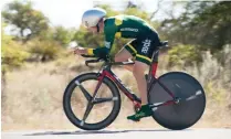  ??  ?? leftAt the 2017 Tour of the Gila, Burke competes in the time trial with Aevolo Cycling