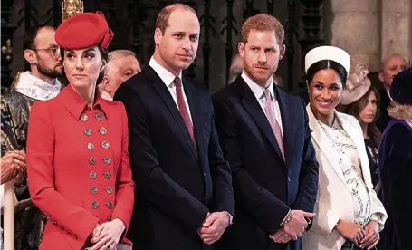  ??  ?? Rumours of a rift...Kate and William stand with Harry and Meghan at the Commonweal­th Day service at London’s Westminste­r Abbey in March. In October the Duke of Sussex admitted the brothers have “good days” and “bad days”
