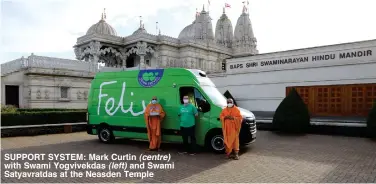  ??  ?? SUPPORT SYSTEM: Mark Curtin (centre) with Swami Yogvivekda­s (left) and Swami Satyavratd­as at the Neasden Temple