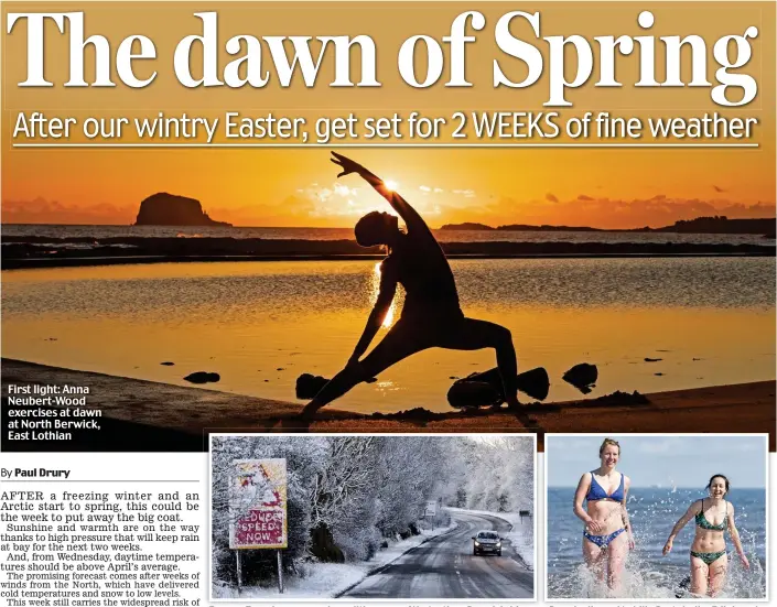  ??  ?? Frozen: Treacherou­s road conditions near Westruther, Berwickshi­re
Deeply dippy: At chilly Portobello, Edinburgh First light: Anna Neubert-Wood exercises at dawn at North Berwick, East Lothian