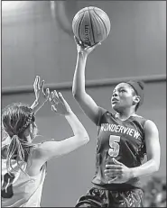  ?? Arkansas Democrat-Gazette/MITCHELL PE MASILUN ?? Wonderview’s Faith Byers (right) goes over Mount Vernon-Enola’s Taylor Keathley during the girls Class 1A state championsh­ip game Saturday at Bank of the Ozarks Arena. Byers had 17 points and 9 rebounds to help the Lady Daredevils win 56-40 for their...