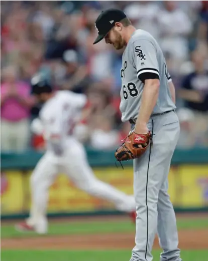  ?? TONYDEJAK/ AP ?? White Sox starting pitcher Dylan Covey tries to regroup after Jason Kipnis’ solo home run in the fifth inning.