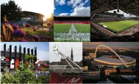  ?? Composite: Getty, Shuttersto­ck, Tom Jenkins ?? Clockwise from top left: Academy Stadium, Manchester; Old Trafford; Brentford Community Stadium; Wembley; Rotherham’s New York Stadium; Bramall Lane in Sheffield.