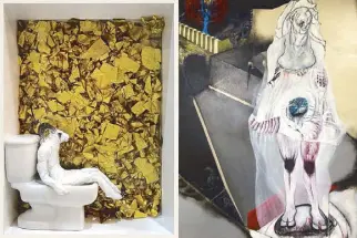  ??  ?? Goat’s gold-leaf game of thrones Diptych detail: Etherealit­y gone voluptuous