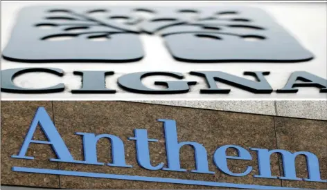  ?? AP PHOTO/FILE ?? This combo of file photos shows signage for health insurers Cigna Corp., nd Anthem Inc. Anthem is finally ending its soured, $48 billion bid to buy rival Cigna, but the nation’s second-largest health insurer isn’t giving up a fight over whether Cigna...