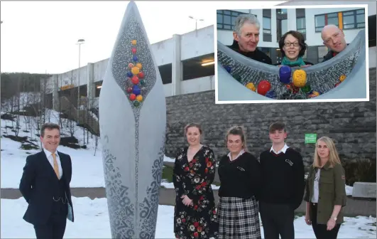  ??  ?? Pictured beside, ‘Seeds of Wonder’ by visual artist, Alan Counihan was principal, Paul Glynn, arts teacher, Mary Andrews, Chloe Flanagan, Caolan Manley and arts teacher, Roisin Ruth. INSET: Alan Counihan pictured with, co-ordinator, Aileen Lambert and...