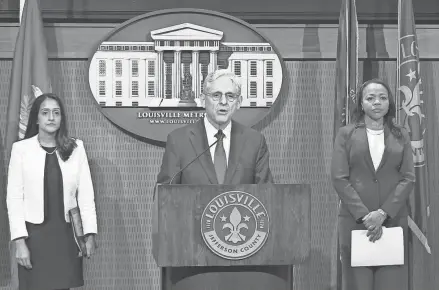  ?? JEFF FAUGHENDER/COURIER JOURNAL ?? U.S. Attorney General Merrick Garland, speaking at a news conference Wednesday in Louisville, said the Department of Justice, which he oversees, will conduct a nationwide review of specialize­d police units like the new gang unit that Columbus police are operating.