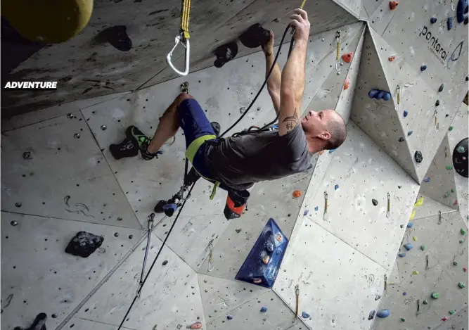  ??  ?? Paraclimbe­r Keith Lynch, who lost part of his lower leg after a skydiving accident, tests himself at Ratho, where the IFSC World Cup is taking place